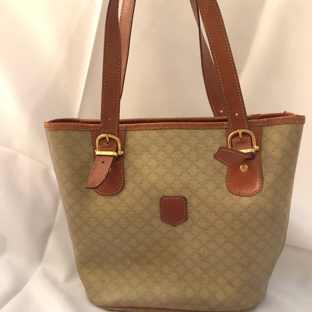 Celine Brown and Tan Tote Bag with Monogram Print